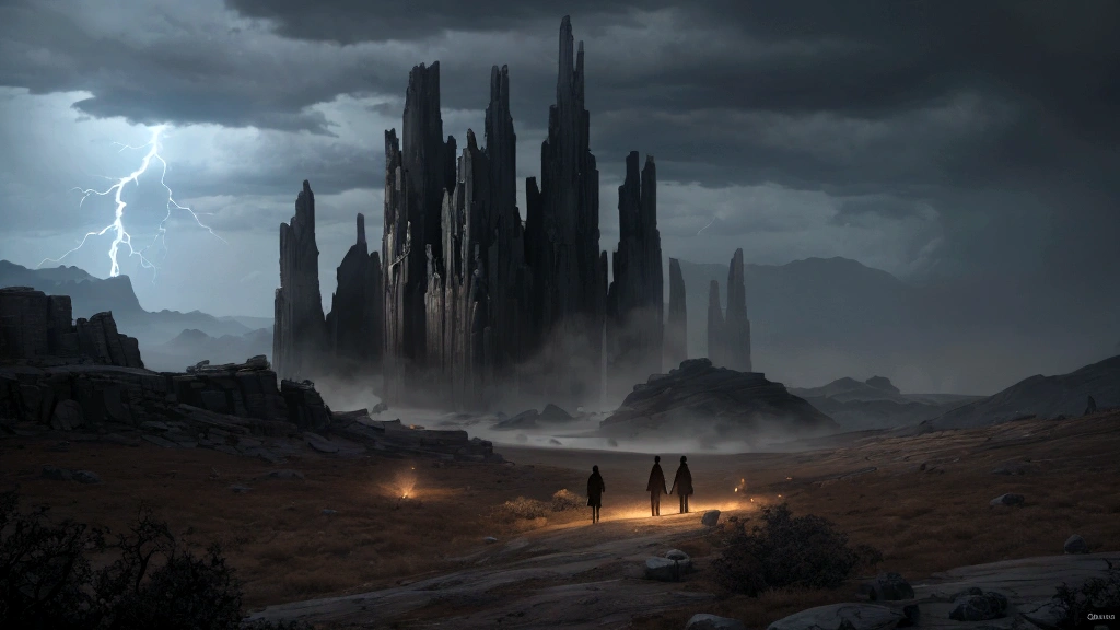 "A contrasting, shadowy realm separated by a boundary of dark mist. In this realm, souls are depicted as dim, restless figures wandering aimlessly amidst barren, rocky terrain. The sky is overcast, with looming clouds and occasional flashes of lightning, emphasizing a sense of turmoil and unrest. These souls appear to be in a state of anxiety and separation, contrasting sharply with the peaceful meadow of the righteous. The visual highlights the unrest and separation experienced by the unrighteous in the intermediate state."