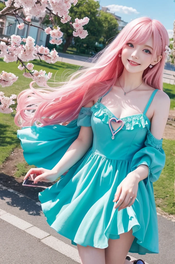 Aerial view from the left、Long pink hair、Blue-green eyes、Angel、onewoman、verysmile、Heart balloons, blue sky and cherry blossom trees in the background、teal cocktail dress、Holding a tarot card in his right hand