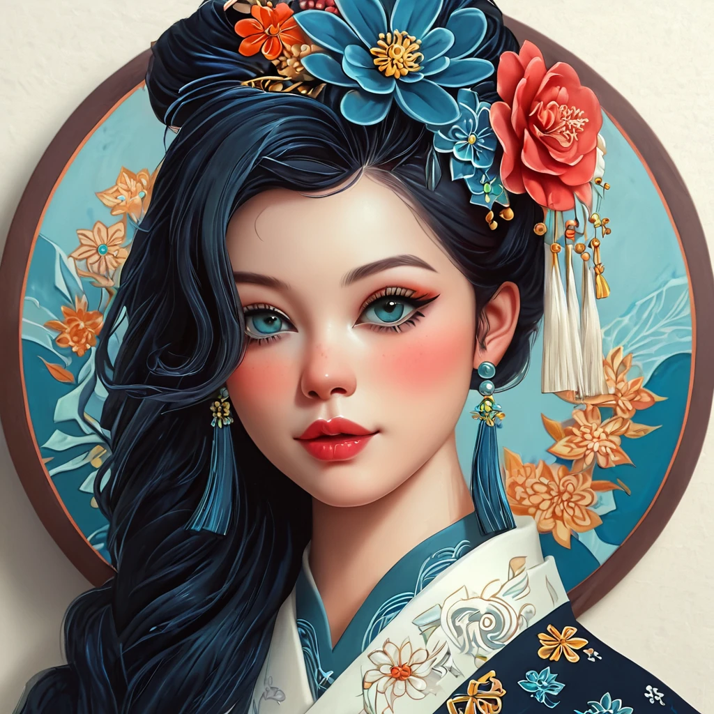 round frame, round circle, circular, create a Japanese circular seal kamon (very colorful with contrast) in the size of the picture on a white background, an indigo-gold art deco circle with a floral art deco pattern in the middle the picture of a stunning beautiful hanfu girl (long black hair)with a beautifully designed clothing with georgeous patterns and massive flower hanfu headpiece. she is posing in front of plain graphic japanese background inside the round frame. chrysantheme