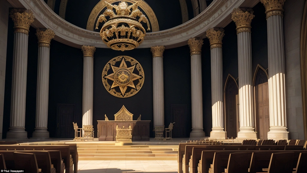 "A symbolic representation of the final judgment, with a grand, celestial courtroom in the center. On one side, the souls of the righteous, glowing with divine light, are gathered in orderly rows, their faces reflecting peace and anticipation. On the other side, the souls of the unrighteous, shrouded in shadows, stand in disarray, their expressions marked by fear and unrest. Above the courtroom, a magnificent, radiant throne signifies God's presence and the impending judgment. This visual encapsulates the dual nature of the intermediate state and the ultimate anticipation of the final judgment."