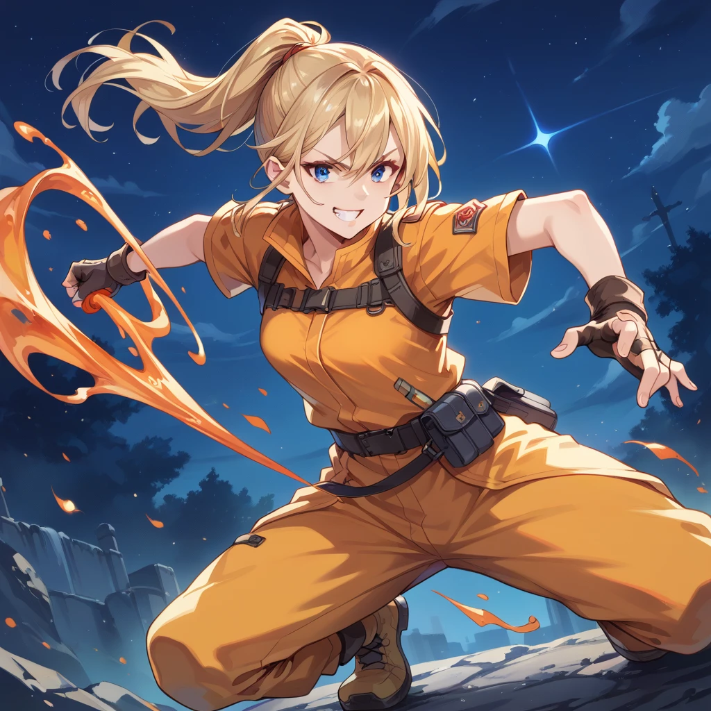 score_9, score_8_superior, score_7_superior, Highest quality, masterpiece, sauce_anime,  Blonde, blue eyes,Brown fingerless gloves, Orange and yellow clothes, Grin, 
Combat Stance,night,  Dynamic pose,ponytail