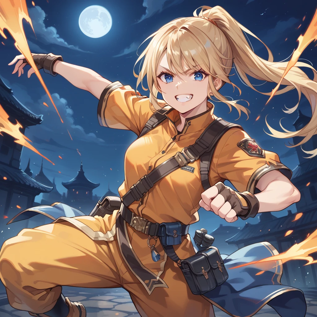 score_9, score_8_superior, score_7_superior, Highest quality, masterpiece, sauce_anime,  Blonde, blue eyes,Brown fingerless gloves, Orange and yellow clothes, Grin, 
Combat Stance,night,  Dynamic pose,ponytail