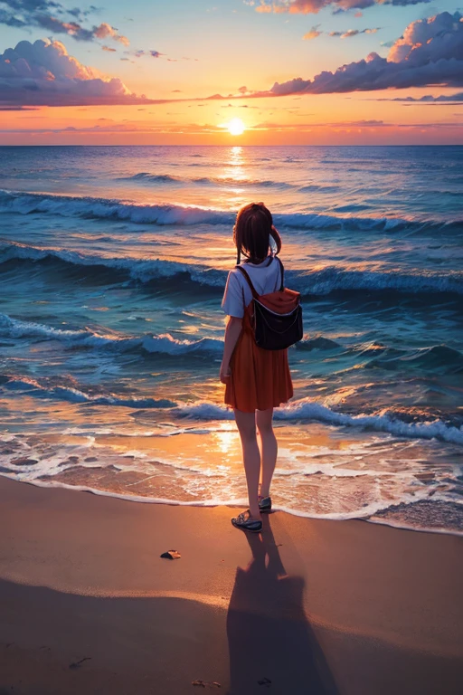 Highest quality、Landscape painting、Seaside、Sunset、orange、Looking at、Back view