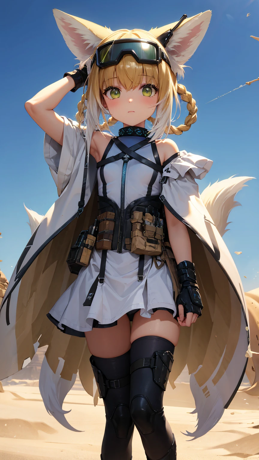 masterpiece, top quality, 1 girl, suzuran (Arknights), desert torn clothes, goggles on head,desert, Wasteland, sand, wind, dust