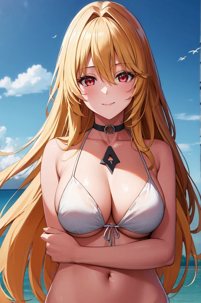 (masterpiece:1.3), (best quality:1.1), (8k, ultra detailed, ultra high res:1.2), ((anime style)), (perfect 5 fingers:1.1), perfect anatomy,
1girl,
BREAK long hair, wavy hair,
blonde hair,
red eyes, empty eyes, smile,
medium breasts,
bikini, white bikini,
BREAK looking at viewer,
upper body, outdoor, outside, shining sky, distant horizon, clouds, natural beauty, night sky, (summer triangle:1.5),