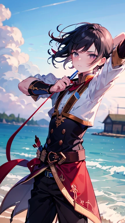 Young beautiful boy , (archery ;1.4), training, super power, high quality, black hair, tall, mussels , middle Europe