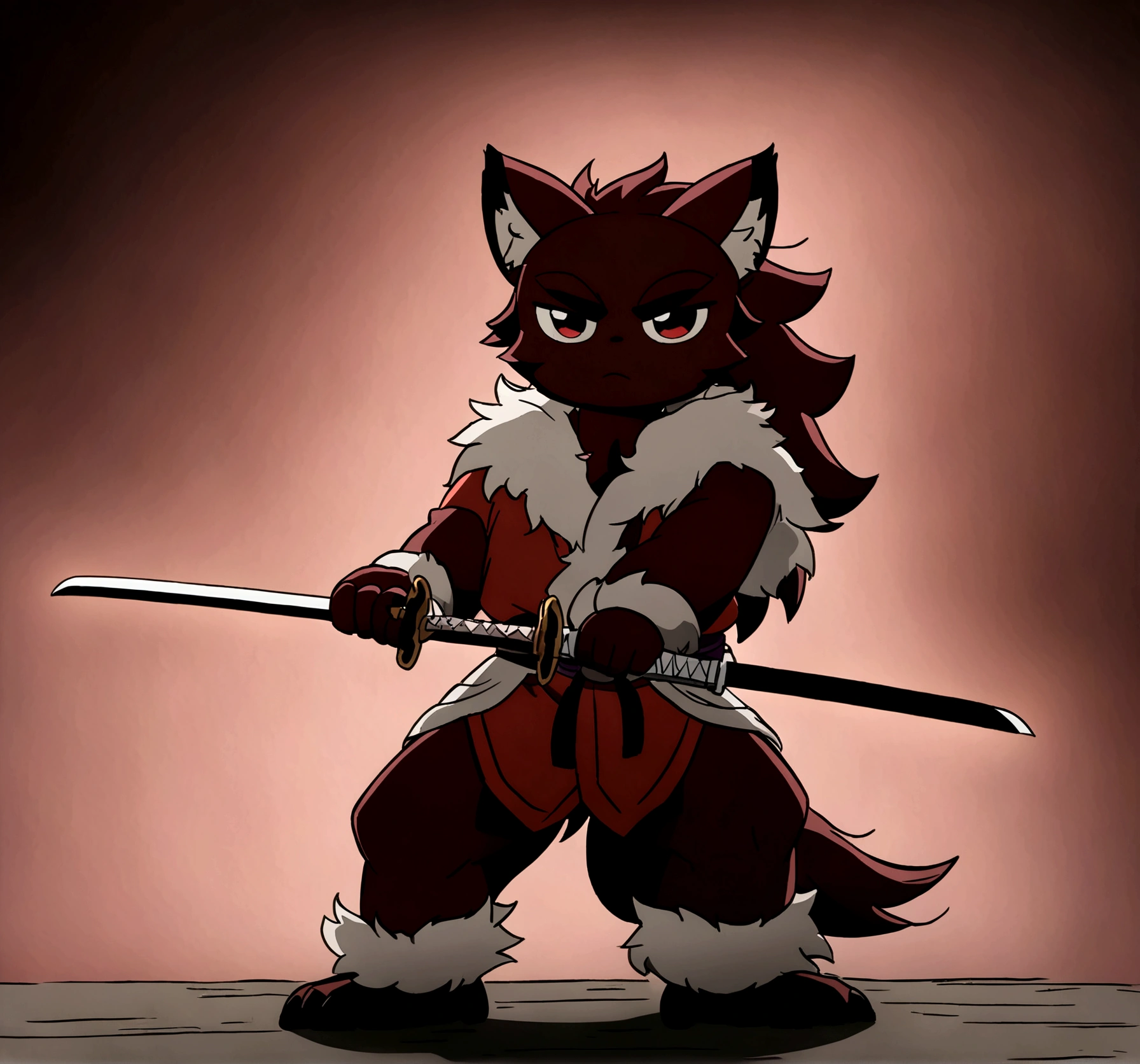 A humanoid beast half monkey and half wolf with dark red fur wearing a red kimono and holding a katana in its hands, standing in a swordfight posture, alone in the image. best quality, best resolution, anime style, flat anime style, quality fur, quality ambient, quality sword, low light, centered image