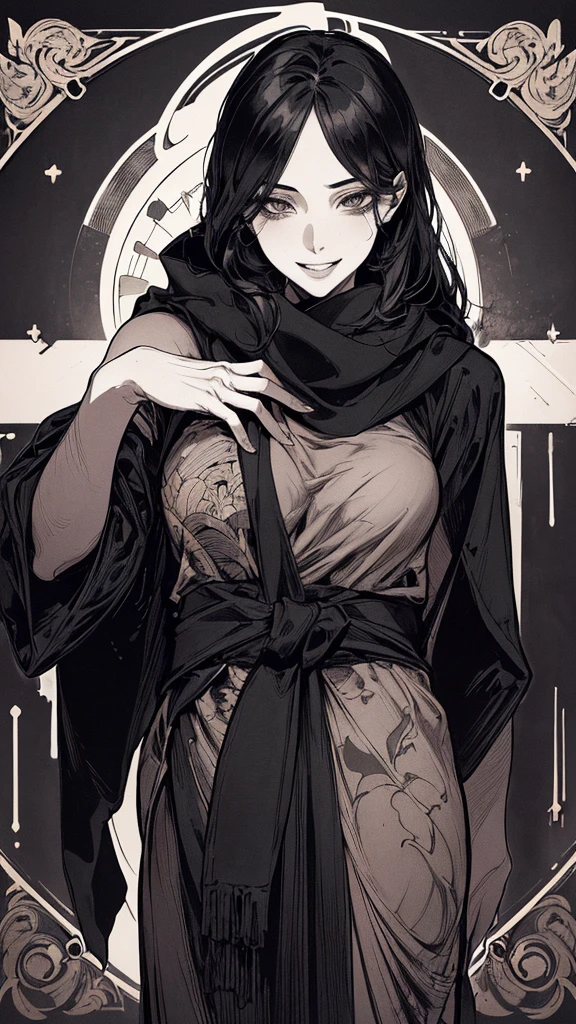 Highest quality, (Background details), High Contrast, Very beautiful woman, Detailed original illustrations, functional, Delicate face, Black Hair、Ninja, Ninja costume, scarf, Cover your face with a hand towel, charm, Naughty ???, sexy, Real breasts, Crazy Smile, Crazy Eyes, Black Robe, Black background, (Black background: 1. 5), Beautiful line art, Monochrome