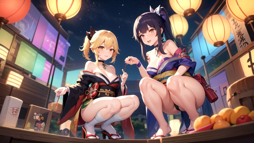 masterpiece, Highest quality, High resolution, One girl, Blonde, Medium Hair, Asymmetrical Hair, Floating Hair, Hair between the eyes, High Ponytail, Side Lock, hair ornaments, fish hair ornaments, Tassel, Hairpin, bangs, Orange eyes, Open your mouth, smile, teeth, upper teeth only, choker, red choker, pendant choker, butterfly choker, clavicle, tattoo, chest tattoo, flower tattoo, Cleavage, Medium chest, Thighs, bandage, bandageを巻いたfeet, sarashi, Budget Sarashi, chest sarashi, black sash, Otherwise, houkisei, kimono, kimono, kinchaku, heart, heartage, heartjime, orange kimono, Pouch, print kimono, rope, sash, shimenawa, short kimono, One shoulder exposed, vision (Genshin Impact), East Asian architecture, cherry blossoms, whole body, squat, 線香firework, night, firework, holding firework, feetを揃えて, feet, One-handed gloves, One fingerless glove, Wristband, Black socks,