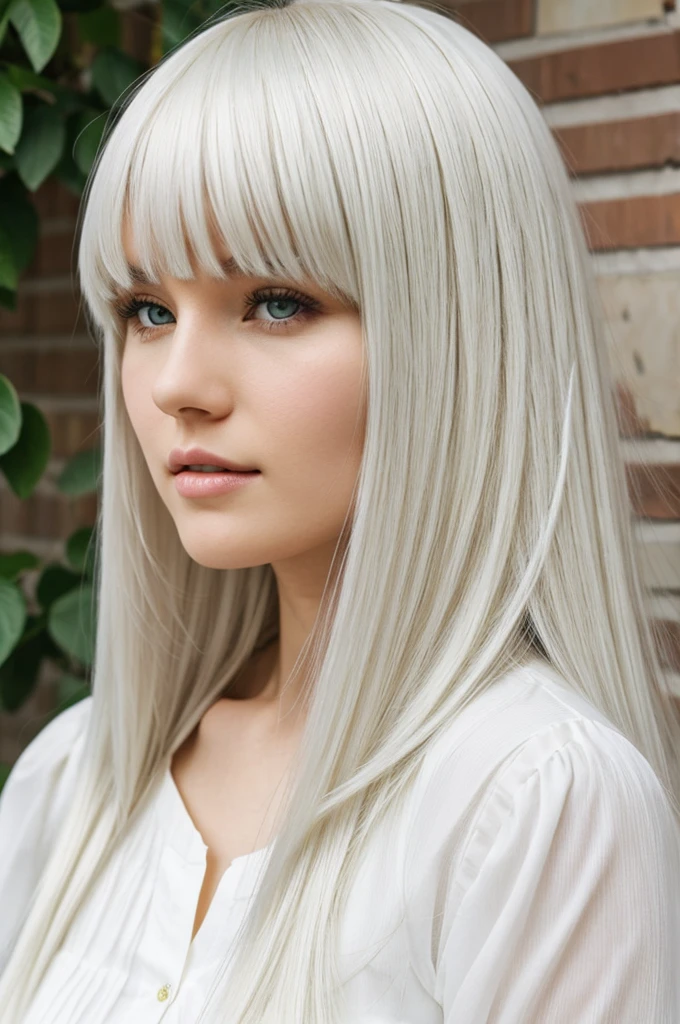 White skin girl, lime almond eyes, long white hair with bangs.