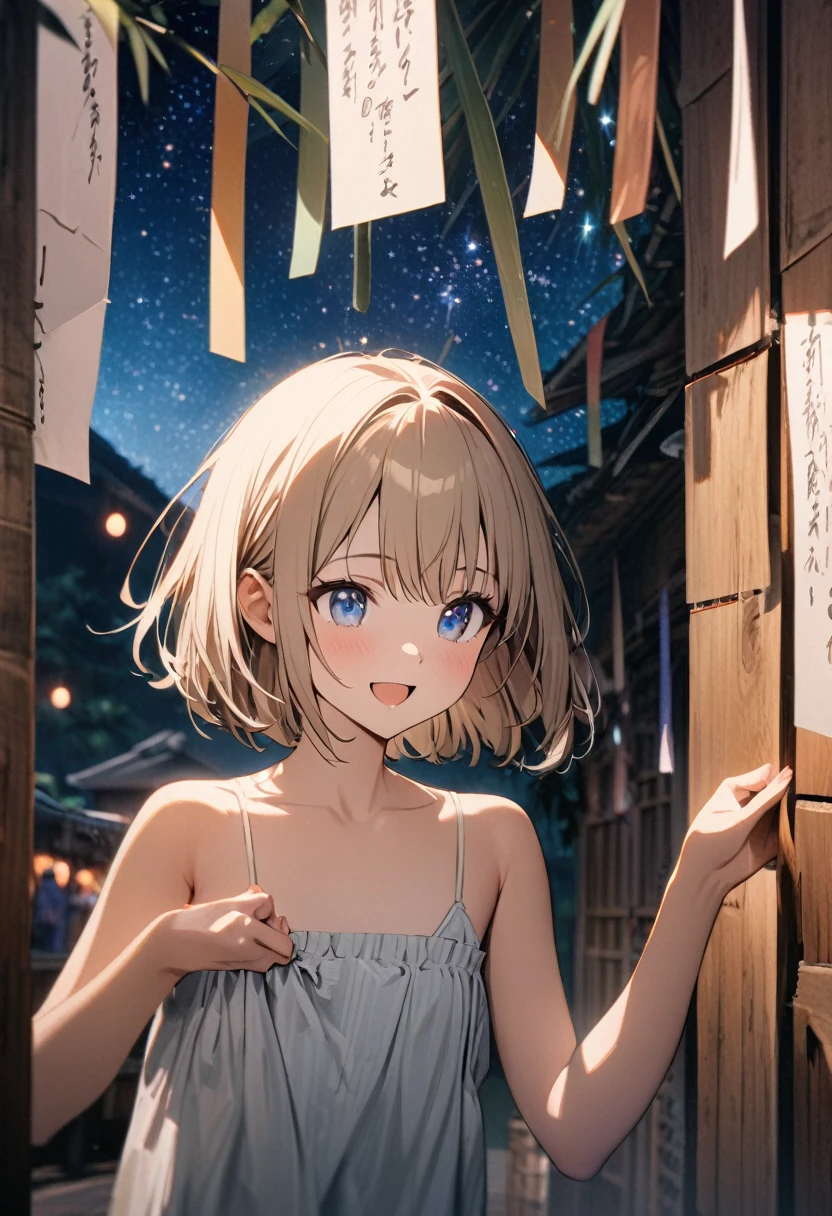 1 girl, 18yo, (flat chest: 1.5), blue eyes, light brown hair, bob cut, summer outfit, smile, open mouth, writing a wish on a strip of paper, upper body, tanabata, many strips of paper are hanging from the bamboo, starry sky, 8k, RAW photo, best quality, masterpiece, extremely detailed 8k wallpaper, ultra-detailed, best shadow, detailed background, beautiful detailed face, beautiful detailed eyes, nice hands, perfect hands