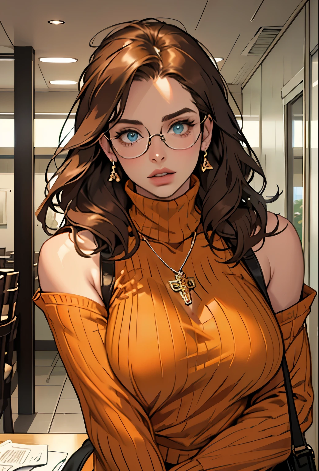 (masterpiece, Highest quality) One girl, Ashley Graham RE, alone, chest, View your viewers, Long Hair, blue eyes, shirt, Bare shoulders, jewelry, medium chest, Green Eyes, Upper Body,Brown Hair, parted lips, No sleeve, necklace, sweater, lips, turtleneck, ribbed sweater, Realistic, nose, No sleeve turtleneck, orange shirt, orange sweater,Wear glasses,
