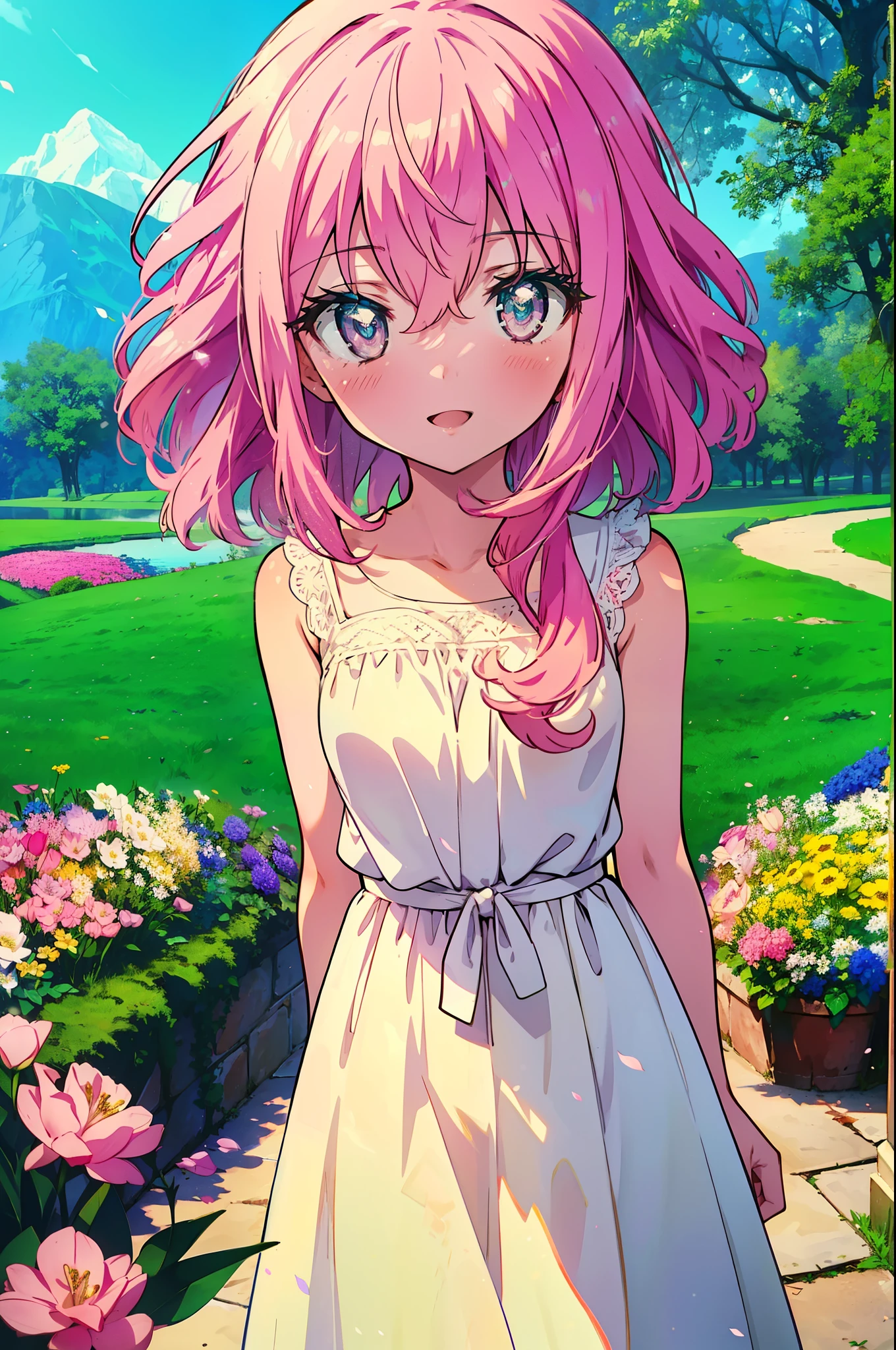 Louise Françoise Le Brun de La Valliere,Pink Hair,Pink Eyes,blush,smile,Open your mouth, White sleeveless dress,Long skirt,Cute Sandals,Standing with arms behind back,So that the whole body goes into the illustration,Daytime,Clear skies、
break looking at viewer,all,
break outdoors, Flower Field,lake,
break (masterpiece:1.2), Highest quality, High resolution, unity 8k wallpaper, (figure:0.8), (Detailed and beautiful eyes:1.6), Highly detailed face, Perfect lighting, Extremely detailed CG, (Perfect hands, Perfect Anatomy),