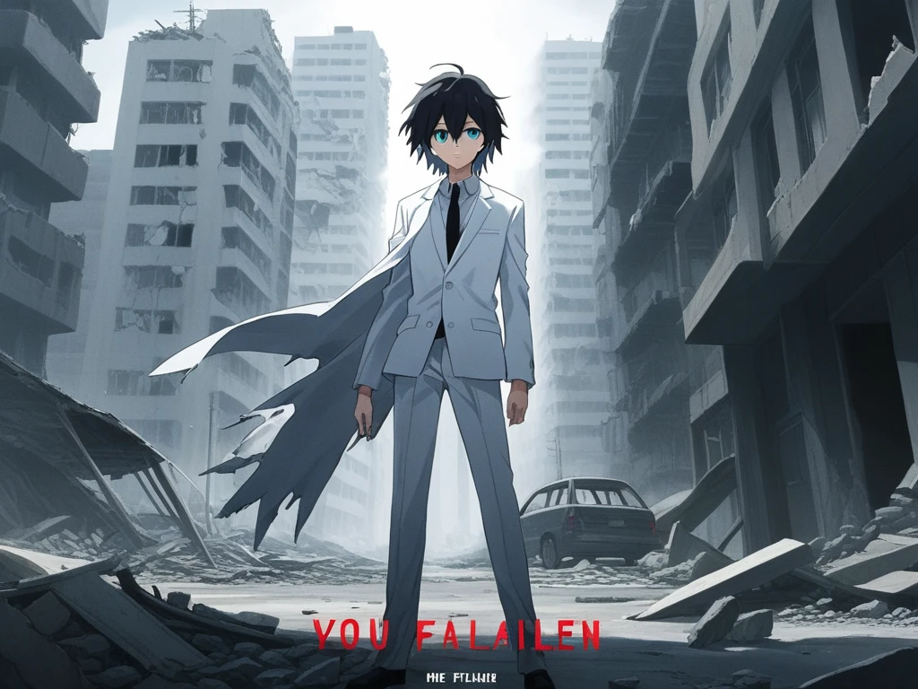 ((highest quality)), ((masterpiece)), ((detailed)), A manga anime cover with high quality. Urban setting. One boy with black hair and blue eyes, wearing a white suit, looking desolate. He stands in front of a destroyed city. Volume 1. Multiverse title: "You Failed".