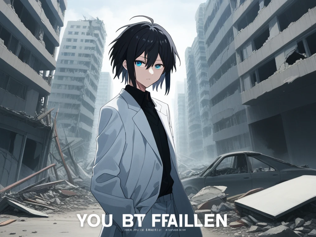 ((highest quality)), ((masterpiece)), ((detailed)), A manga anime cover with high quality. Urban setting. One boy with black hair and blue eyes, wearing a white suit, looking desolate. He stands in front of a destroyed city. Volume 1. Multiverse title: "You Failed".