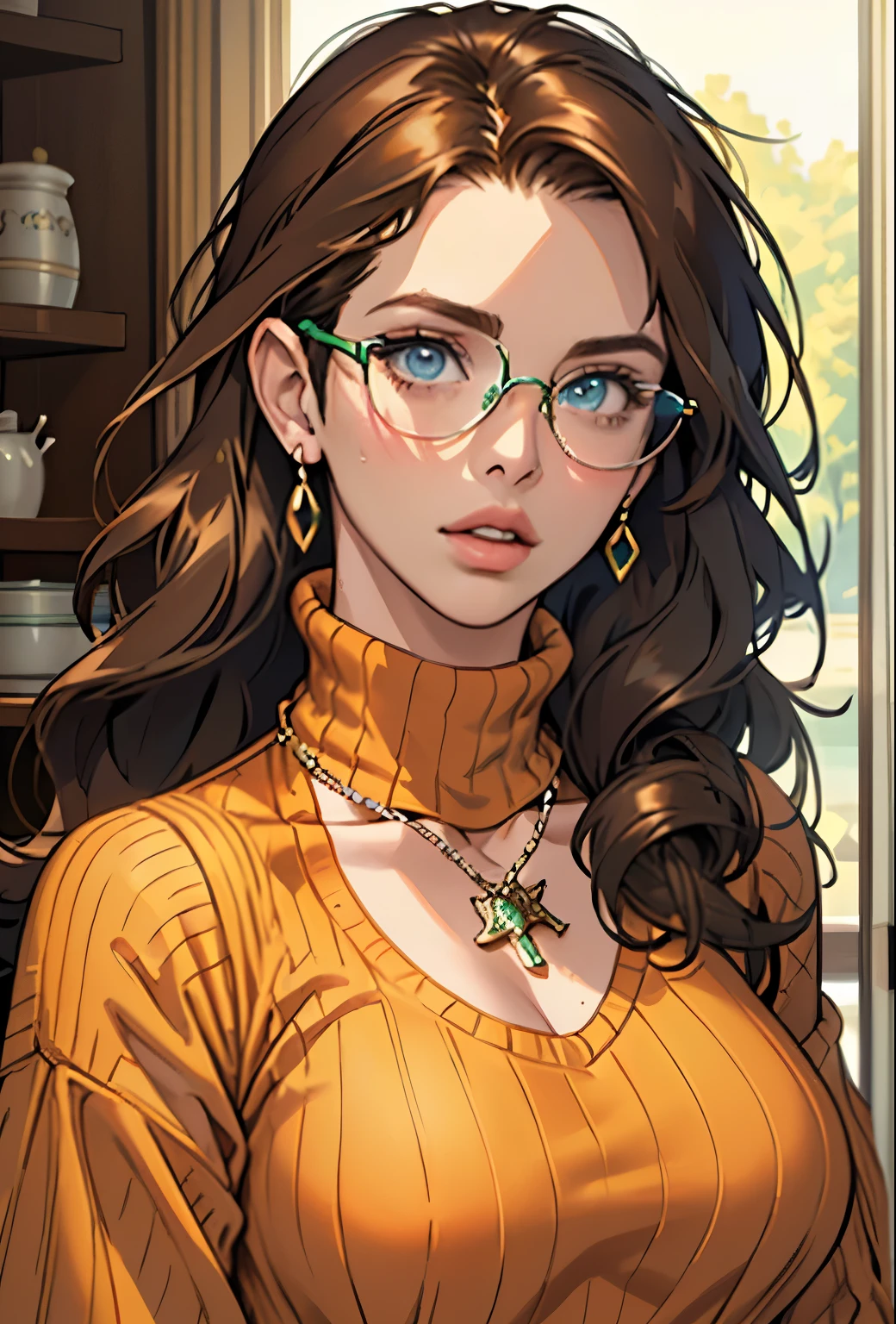 (masterpiece, Highest quality) One girl, Ashley Graham RE, alone, chest, View your viewers, Long Hair, blue eyes, shirt, Bare shoulders, jewelry, medium chest, Green Eyes, Upper Body,Brown Hair, parted lips, No sleeve, necklace, sweater, lips, turtleneck, ribbed sweater, Realistic, nose, No sleeve turtleneck, orange shirt, orange sweater,Wear glasses,