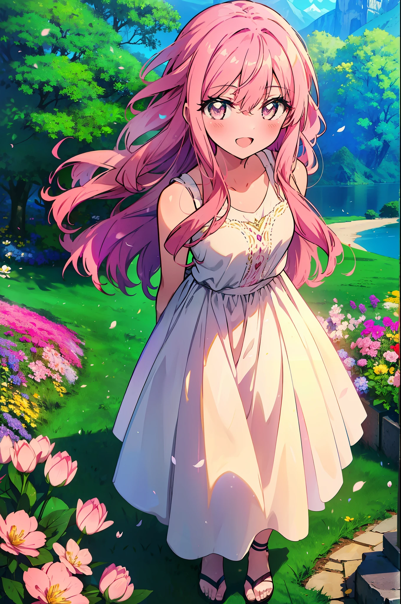 Louise Françoise Le Brun de La Valliere,Pink Hair,Pink Eyes,blush,smile,Open your mouth, 　　　　　　　　　　　　　　　White sleeveless dress,Long skirt,Cute Sandals,Standing with arms behind back,So that the whole body goes into the illustration,Daytime,Clear skies、
break looking at viewer,all,
break outdoors, Flower Field,lake,
break (masterpiece:1.2), Highest quality, High resolution, unity 8k wallpaper, (figure:0.8), (Detailed and beautiful eyes:1.6), Highly detailed face, Perfect lighting, Extremely detailed CG, (Perfect hands, Perfect Anatomy),