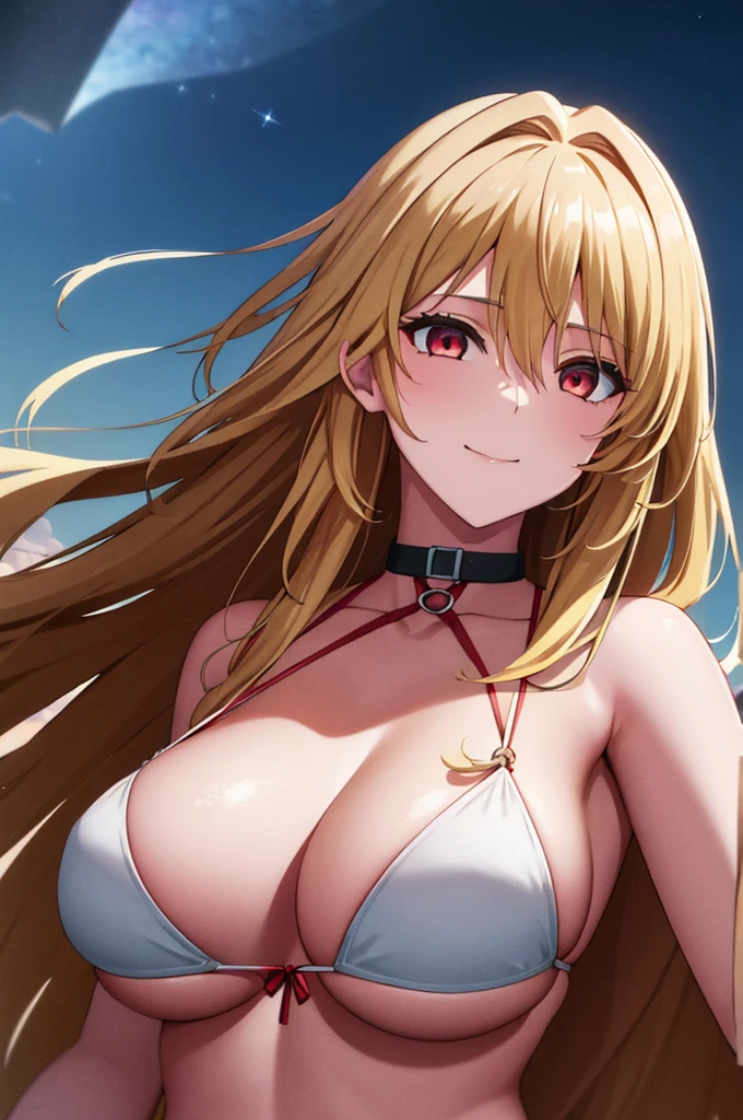 (masterpiece:1.3), (best quality:1.1), (8k, ultra detailed, ultra high res:1.2), ((anime style)), (perfect 5 fingers:1.1), perfect anatomy, 
1girl,
BREAK long hair, wavy hair, 
blonde hair, 
red eyes, empty eyes, smile, 
medium breasts,  
bikini, white bikini, 
BREAK looking at viewer, 
upper body, outdoor, outside, shining sky, distant horizon, clouds, natural beauty, (night sky:1.5), (summer triangle:1.5),