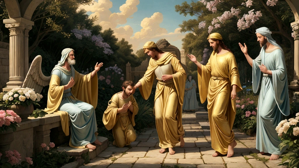 "A serene, celestial scene where Lazarus, depicted as a humble and serene figure, is gently carried by radiant angels to Abraham's side. Abraham, portrayed as a wise and kind elder, welcomes Lazarus with open arms. The background is a lush, peaceful garden with vibrant flowers, streams of pure water, and a warm, golden light enveloping the scene. This visual emphasizes comfort, rest, and the heavenly reward for the righteous."