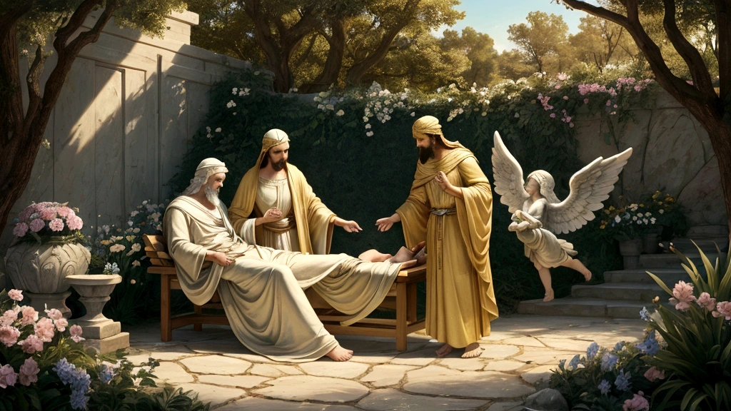 "A serene, celestial scene where Lazarus, depicted as a humble and serene figure, is gently carried by radiant angels to Abraham's side. Abraham, portrayed as a wise and kind elder, welcomes Lazarus with open arms. The background is a lush, peaceful garden with vibrant flowers, streams of pure water, and a warm, golden light enveloping the scene. This visual emphasizes comfort, rest, and the heavenly reward for the righteous."