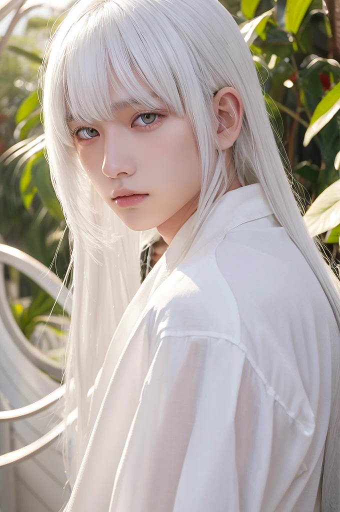 white hair、Long bangs covering the left eye、Golden Eyes、Hanging eyes、Beautiful Boy、White clothes