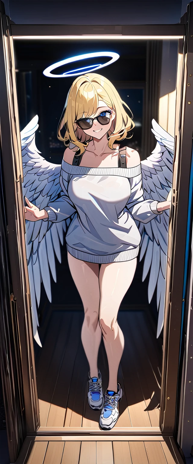 ((angel, big big white wings:1.3, halo:1.3)), ((from above)), (((sunglasses, hand to sunglasses))), (((full body))), archangel Uriel, ((wavy hair, inward curled hair)), evening, Sunset, ((blond hair, bob cut:1.3)), breasts, teenager, (looking at viewer), oversized clothes, puffy long sleeves, ((off-shoulder sweater:1.3, Quite thick shoulder straps)), ((white sweater)), collarbone, head tilt:1.3, (((blue eyes))), ((happy smile)), (((anime style))), (best quality, 4K, 8K, highres, masterpiece:1.2, ultra-detailed, ultra-detailed eyes, HDR, uhd, studio lighting, ultra-fine painting, sharp focus, physically-based rendering, extreme detail description, professional, vivid colors, bokeh)