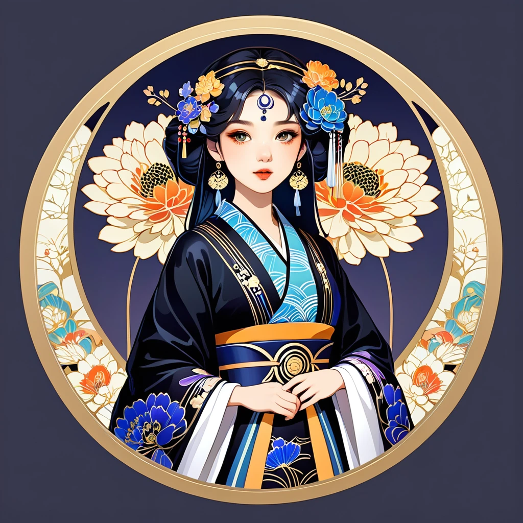 round frame, round circle, circular, create a Japanese circular seal kamon (very colorful with contrast) in the size of the picture on a white background, an indigo-gold art deco circle with a floral art deco pattern in the middle the picture of a stunning beautiful hanfu girl (long black hair)with a beautifully designed clothing with georgeous patterns and massive flower hanfu headpiece. she is posing in front of plain graphic japanese background inside the round frame. chrysantheme