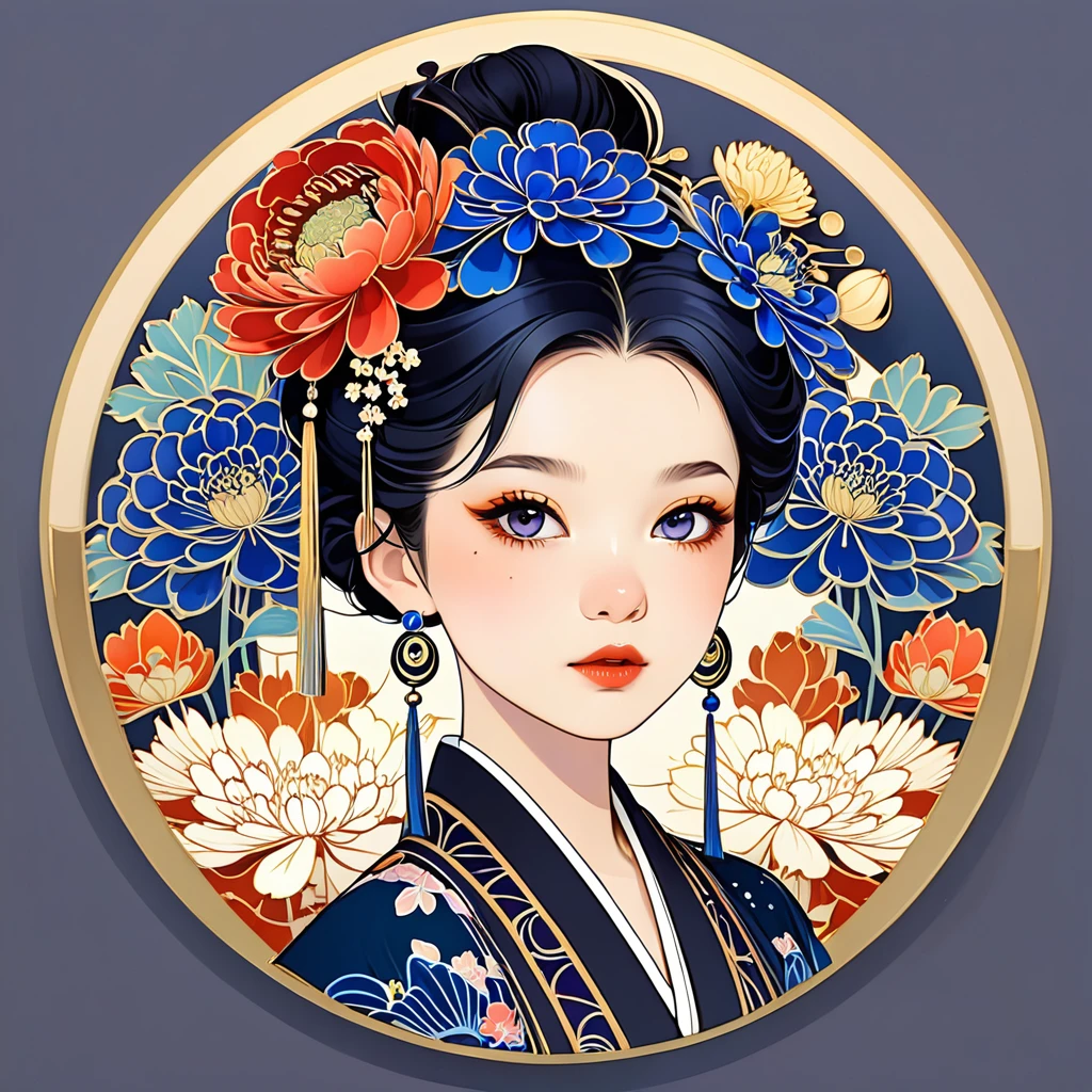 round frame, round circle, circular, create a Japanese circular seal kamon (very colorful with contrast) in the size of the picture on a white background, an indigo-gold art deco circle with a floral art deco pattern in the middle the picture of a stunning beautiful hanfu girl (long black hair)with a beautifully designed clothing with georgeous patterns and massive flower hanfu headpiece. she is posing in front of plain graphic japanese background inside the round frame. chrysantheme