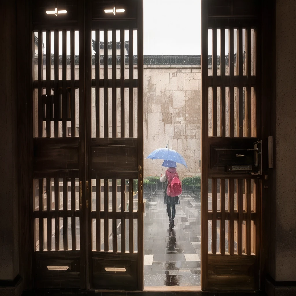 There is an open wooden door at the entrance,There are people holding umbrellas, inside at rainy Day, 紫禁城rain, rain, It's raining outside, With a red umbrella, author Dietmar Damerau, author:Moore Adler, in the rain, at rainy Day, author:Richard Carline, Rainlight, Epic spacious courtyard