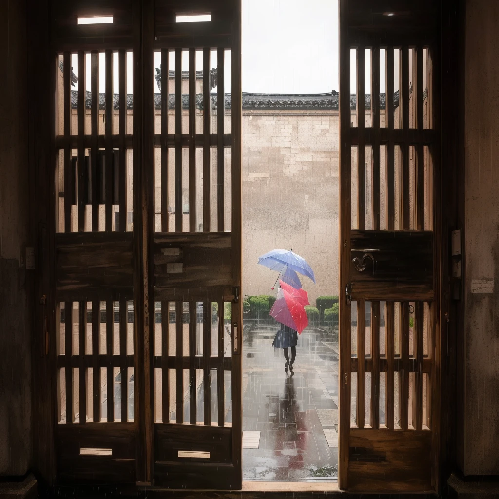 There is an open wooden door at the entrance，There are people holding umbrellas, inside at rainy Day, 紫禁城rain, rain, It&#39;s raining outside, With a red umbrella, author Dietmar Damerau, author：Moore Adler, in the rain, at rainy Day, author：Richard Carline, Rainlight, Epic spacious courtyard