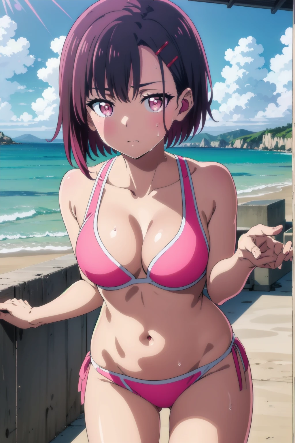 shizukamikazuki,
shizuka mikazuki, short hair, purple hair, hair ornament, hairclip, (pink eyes:1.5), swept bangs, looking at the viewer, blue theme, blue background, cloudy sky, sunlight, sweat, orgasmic, Blake ,bikini swimsuit, medium breasts, cleavage, belly button exposed, collarbone, thighs, sea and beach,