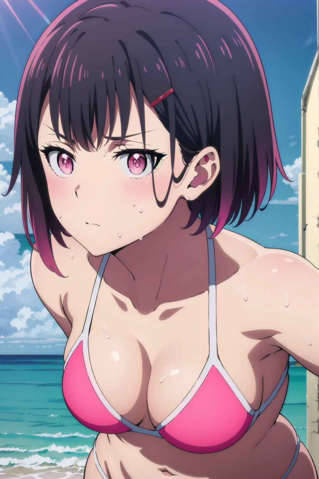 shizukamikazuki,
shizuka mikazuki, short hair, purple hair, hair ornament, hairclip, (pink eyes:1.5), swept bangs, looking at the viewer, blue theme, blue background, cloudy sky, sunlight, sweat, orgasmic, Blake ,bikini swimsuit, medium breasts, cleavage, belly button exposed, collarbone, thighs, sea and beach,