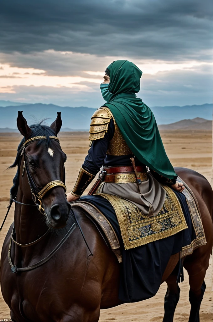 Illustrate a poignant scene of a Muslim ruler, reminiscent of Imam Hussein at Karbala, viewed from the back as he sits alone on a noble horse, facing the enemy's vast army. His detailed armor should be adorned with intricate Islamic motifs, and a green scarf fully covers his face, symbolizing his unwavering faith and resolve. The ruler's posture exudes calm determination, with his ornate sword resting by his side. The battlefield stretches out before him under a somber, dramatic sky, capturing the solitude and gravity of the moment as he confronts the overwhelming forces ahead