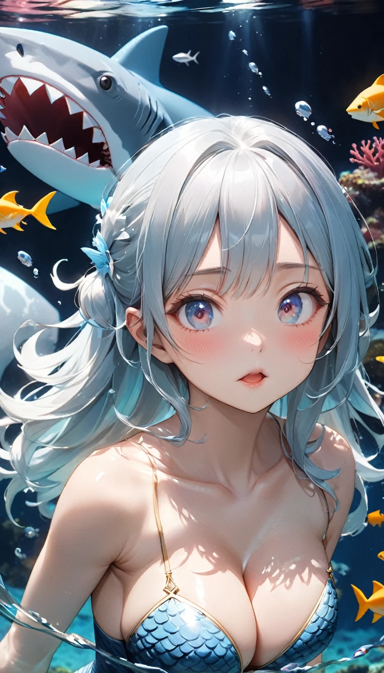 Highest quality, Super quality, 16K, Incredibly absurd, Very detailed, 2.5D, delicate and dynamic, aquarium, Large sink, Colorful Coral, Small faint light and small fish, shark, In the water, under the sea, , , , Small face, Extremely delicate facial expression, Delicate eye depiction, Upper body close-up, erotic, sole sexy lady, healthy shaped body, 22 years old lady, , 170cm tall, huge firm bouncing busts, Shark skin swimsuit, scale, sharkの背びれ, sharkの頭の形の帽子, , , swim