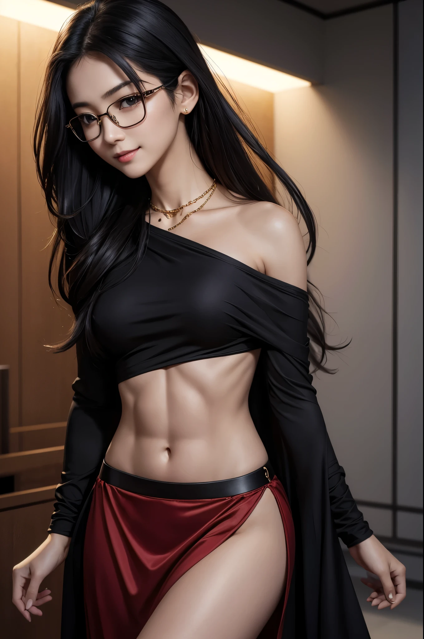 8K,Very very small breasts,美しいLong black hair,A slim female CEO in a luxurious red suit is posing.Beige shirt,Super Beauty(Like the real thing) Very very small breasts, Toned body muscles,Realistic Skin,Thin glasses,Long black hair,Iris,Red suit skirt,Demon Slayer with very small breasts,Digital Art, smileのゴージャスな女神, , 2 0 and. A model woman, , Ultra-high resolution,Surreal,Very very small breasts,Rugged appearance,Fantasy art,Character Art,attractive,sexy with Very very small breasts,Office Close Up,Rich colors, Backlight, Cinema Lighting, Film Grain, 50mm lens, Nikon D850,smile,Ultra-realistic,Photorealistic RAW photos of the highest quality,Makeup,Muscular Beauty,black gemstone necklace,Gold bracelet,