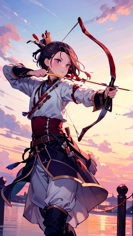 Young beautiful boy , (archer;1.3), (archery:1.4), training, super power, high quality, black hair, tall, mussels , middle Europe