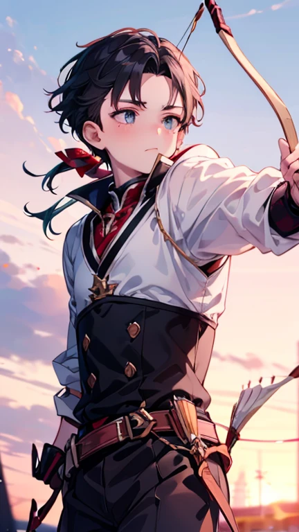 Young beautiful boy , (archery ;1.4), training, super power, high quality, black hair, tall, mussels , middle Europe