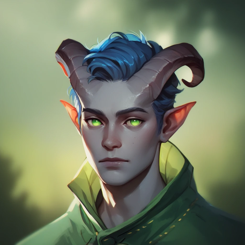 (((Beautiful, high quality))), portrait, check_9, check_8_up, check_7_up, tiefling, pointed ears, short sharp horns, colored sclera, 1 boy, gray skin, blue hair, green eyes, black raincoat, fantasy background, blurred background