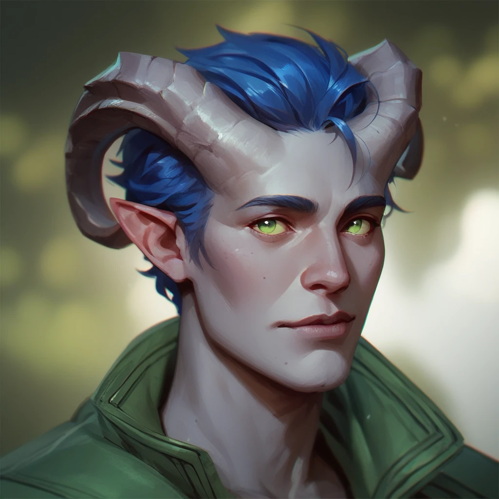 (((Beautiful, high quality))), portrait, check_9, check_8_up, check_7_up, tiefling, pointed ears, short sharp horns, colored sclera, 1 boy, gray skin, blue hair, green eyes, black raincoat, fantasy background, blurred background