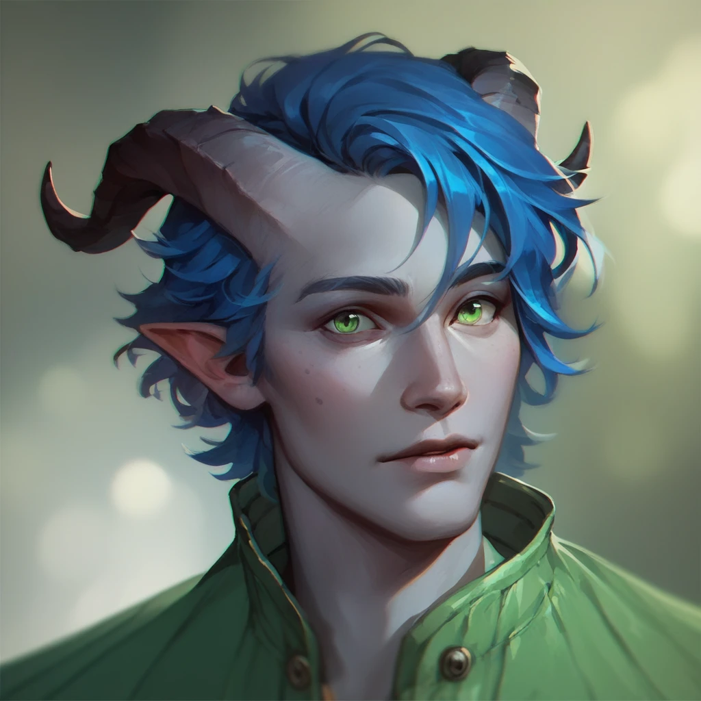(((Beautiful, high quality))), portrait, check_9, check_8_up, check_7_up, tiefling, pointed ears, short sharp horns, colored sclera, 1 boy, gray skin, blue hair, green eyes, black raincoat, fantasy background, blurred background