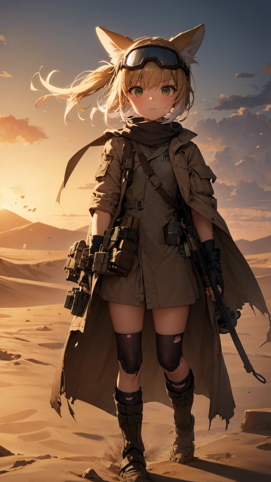 masterpiece, top quality, 1 girl, suzuran (Arknights), desert torn clothes, goggles on head,desert, Wasteland, sand, wind, dust