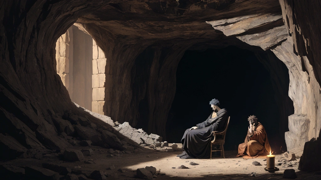 "A dramatic depiction of the vast chasm between the place of comfort (Abraham's side) and the place of torment (Hades). On one side, Lazarus rests peacefully with Abraham amidst heavenly light and tranquility. On the other side, the rich man suffers in Hades, engulfed in flames and shadows. The two sides are separated by a deep, impassable chasm, emphasizing the irreversible nature of the soul's fate after death. The rich man is seen pleading across the chasm, highlighting the hopelessness of his situation."