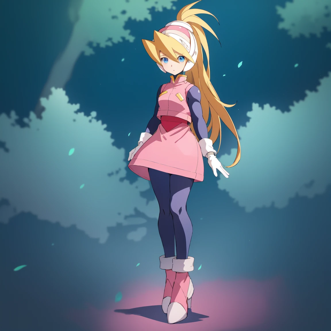 ciel_megamanz, 1girl, solo, long hair, blue eyes, blonde hair, ponytail, headgear, pantyhose, white gloves, pink dress, high quality, masterpiece, standing with green flames coming from a tree