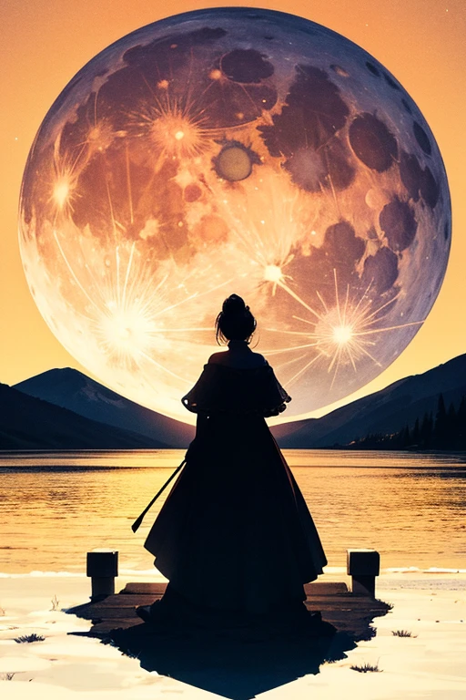 Highest quality,Big moon and shadow,A silhouette of a person can be seen against the backdrop of a large moon.,There is one full moon,There is a mood,Beautiful scenery,Starry Sky