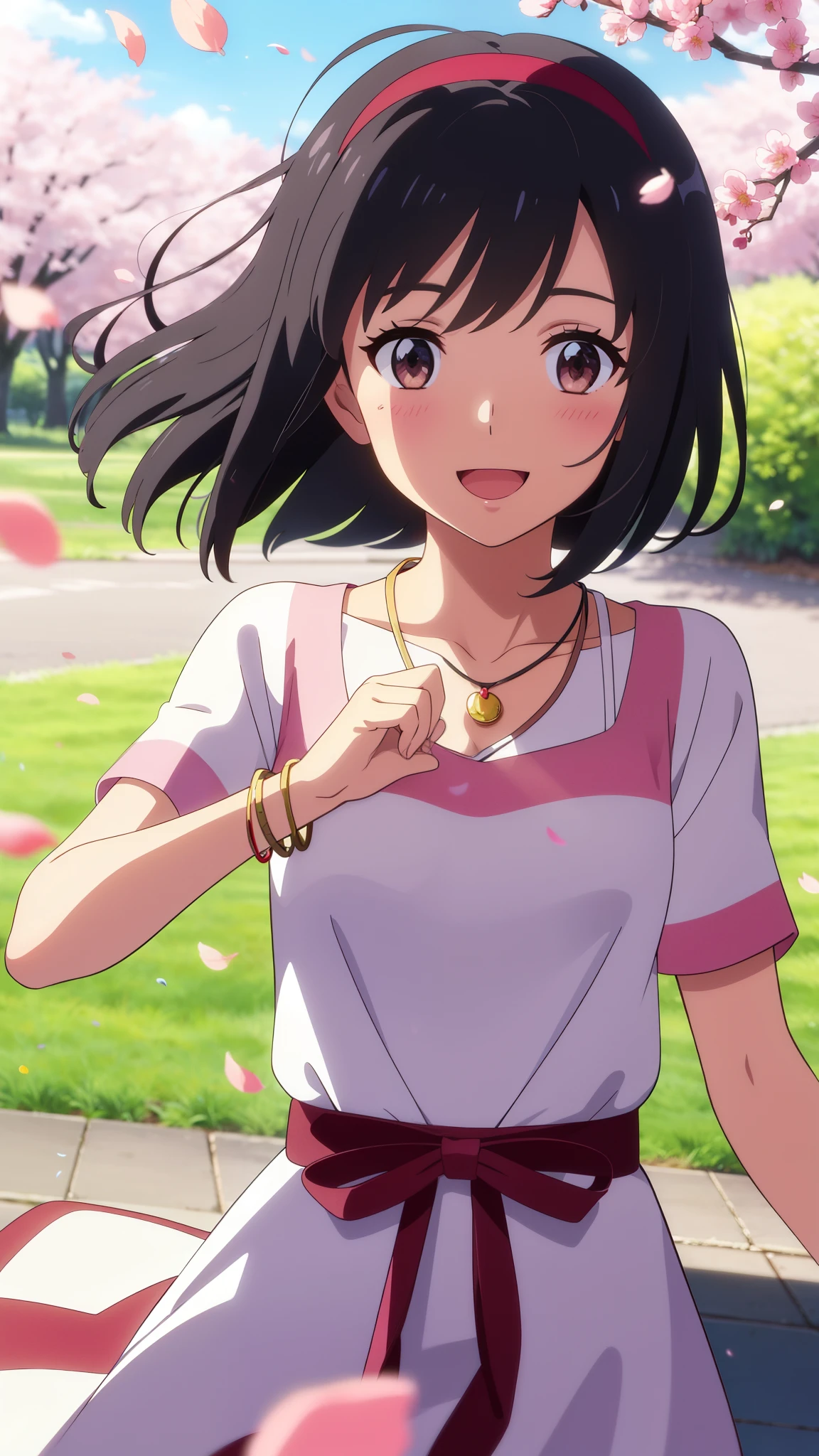 shinkai makoto, kimi no na wa., 1girl, bangs, black hair, blush, brown eyes, looking at the viewer, red bow, red headband, red ribbon, white dress, short hair, medium breasts, solo, day, Outdoors, shinny skin, smile, happy, :D, bracelet, necklace, cherry_blossoms, falling_petals, petals, branch, pink_flower, blue_sky, sunlight, spring_season, wind, tree