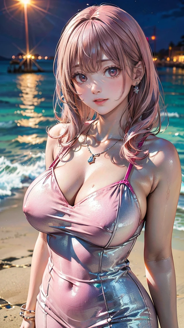 (Masterpiece, BestQuality:1.3), (ultra detailed:1.2), (hyperrealistic:1.3), (RAW photo:1.2), High detail RAW color photo, professional photograph, (Photorealistic:1.4), (realistic:1.4), professional lighting, perfect anatomy, (Big Breasts:1.2), (blush, detailed face), (cheerful Smile:1.5), (Pink Hair:1.5), Trending Hair&Trending Hairカラーをランダムに, earrings, necklace, bracelet, sexly, erotic sexly, Random sexy gravure poses, (A beautiful woman wearing a silver bodycon dress、Crystal Earrings、Background is a beach at night、Standing sexy。: 1.3)