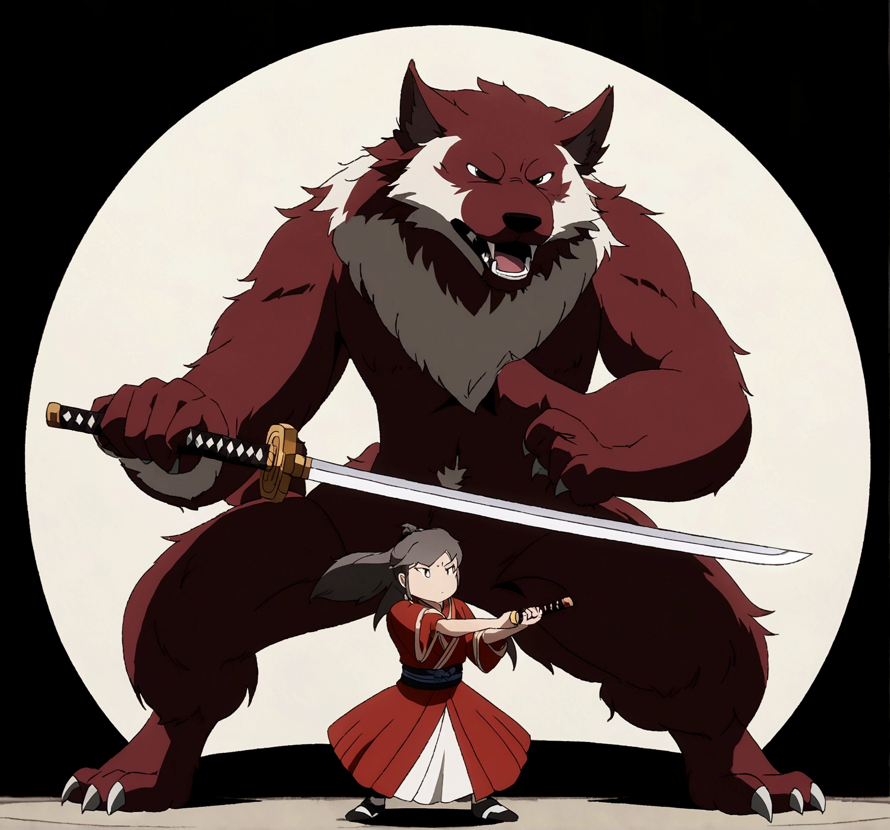 A beast half monkey and half wolf with dark red fur wearing a red kimono and holding a katana in its hands, standing in a swordfight posture, alone in the image. best quality, best resolution, anime style, flat anime style, quality fur, quality ambient, quality sword, low light, centered image