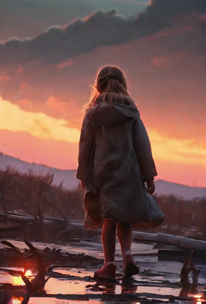 1girl, homunculus, advancing, dystopian, nightmare, chilling, eerie, spooky, shadowy, neon sunset landscape, photorealistic, Winslow Homer style, cinematic, dramatic lighting, detailed textures, intricate details, hyper-realistic, award-winning, ultra-detailed, masterpiece, 8k, best quality