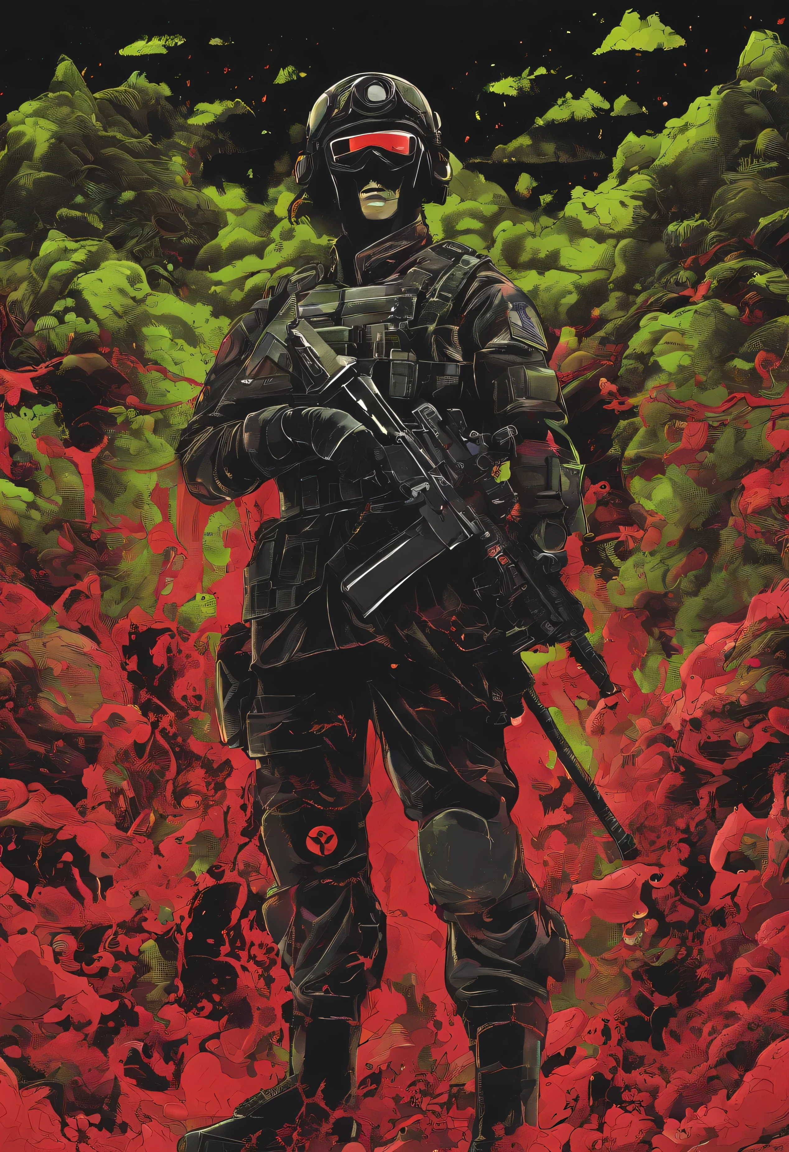 A soldier in black clothes and green hair,ww2 black suits, WW2 General Hats, Black mask, Multiple Zombies in the Background,blood red element,HD light and dark, Balance rendering, HD and dark lighting )<=(Epic image quality)dark atmosphere with bright particle light(lots of background effects)