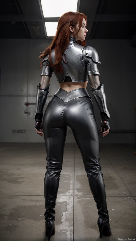 masterpiece, best quality, high resolution, full body, red hair, cyber metal armor, elegant, paladin, armor, pants, metal gloves, looking into background, heels, grey background, backshot, from behind, metal boots